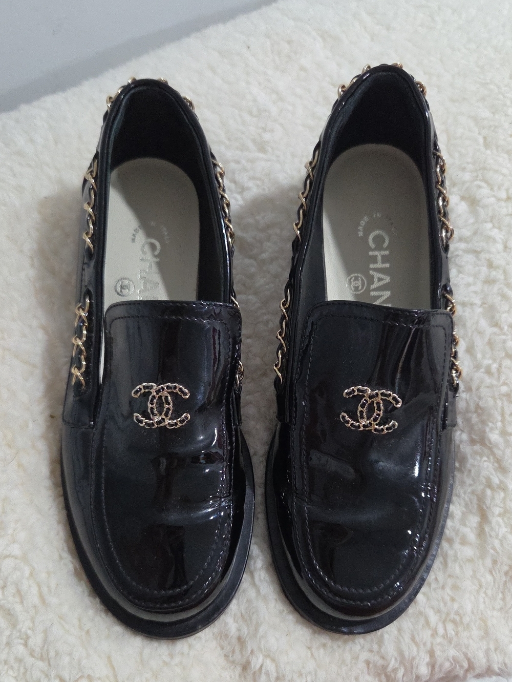 CHANEL Black Patent Leather Loafers with Gold Chain CC